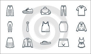 Clothes and outfit line icons. linear set. quality vector line set such as sport wear, flip flop, skirt, underwear, long sleeve,