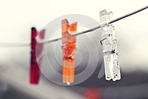 Clothes pegs hanging outside in the summer rain. Red, orange and transparent pegs.