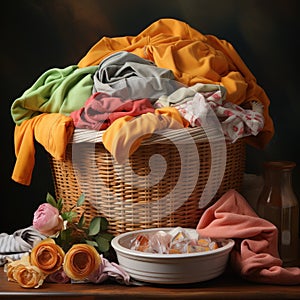 Clothes piled up on a basket ready to be put into the washing machine