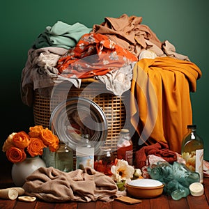 Clothes piled up on a basket ready to be put into the washing machine