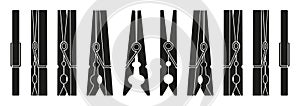 Clothes pin silhouettes. Line wooden pins holding cloth, laundry fastener tool flat style. Vector isolated collection