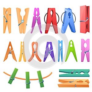 Clothes pins icons set, cartoon style