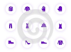 clothes purple color vector icons on light round buttons