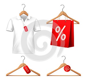 Clothes sale set with hangers and price tags.