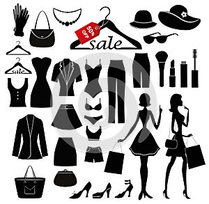 Clothes set and women with the shopping bags.