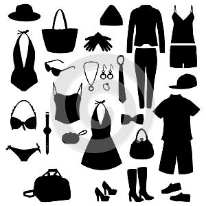 Clothes silhouettes. Black icons set.