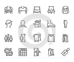 Clothes size flat line icons set. Body measurement waist circumference, hip, chest, sleeve length, height vector