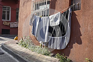 Clothes are suspended on a line to dry,Fener, Balat, Istanbul