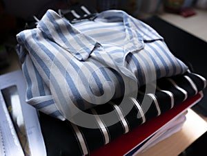 Clothes, teenage winter folded shirts, student in his bedroom with books underneath