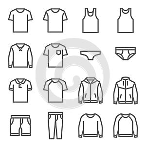 Clothes Vector Line Icon Set. Contains such Icons as Underwear, T-shirt, Coat, Jacket, Pants and more. Expanded Stroke photo