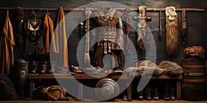 Clothes from the Viking period. Viking Wardrobe. Traditional norse costume. Generative AI