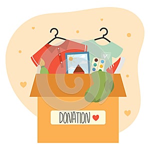 Clothes volunteering donation concept. Cardboard box with clothes to charity. International charity day. Flat vector illustration