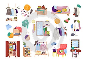 Clothes in wardrobe room, closet of fashion dress, set of isolated vector illustrations. Furniture with modern wear