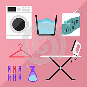 Clothes washing machine and detergent  and hanger and clothespin and ironing board and spray starch