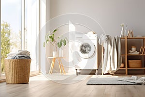 Clothes washing machine in laundry room interior. a bright room, next to it there is a basket with linen and towels.