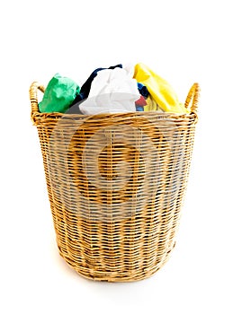 Clothes on wicker baskets for washing preparations whit white ba