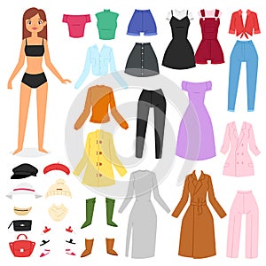 Clothes woman vector beautiful girl and dress up or clothing with fashion pants dresses or shoes illustration girlie set