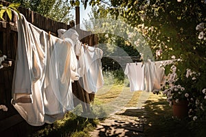 a clothesline with drying towels and bathrobes, on a sunny summer day