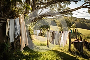 clothesline with freshly laundered and dried clothes in beautiful natural setting