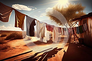 clothesline with freshly washed and dried clothes in the sun