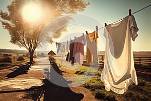 clothesline with freshly washed and dried clothes in the sun