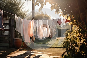 clothesline with freshly washed towels and linens drying in the sun