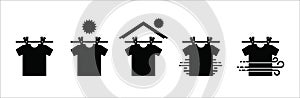 Clothesline icon set. Laundry clothes drying line vector icons set. Clothes drying instruction illustration. Direct under the sun