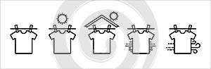 Clothesline icon set. Laundry clothes drying line vector icons set. Clothes drying instruction outline illustration. Direct under