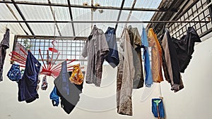 Clothesline in Indonesia where clothes are hung to dry during the daytime.