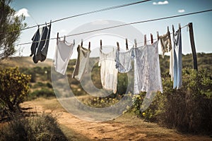 a clothesline sagging with the weight of freshly dried laundry