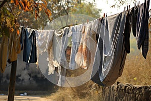a clothesline sagging with the weight of freshly dried laundry