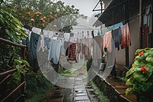 a clothesline with wet and windblown clothes in the rain
