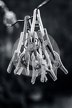 clothespin or clothes peg or clothes clip on a clothesline with a blurred background. photo