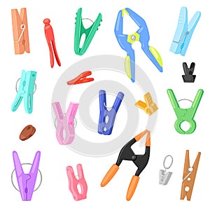 Clothespin vector clothespeg and office clamp clip holding tool pin for laundry illustration set of clothes-peg or