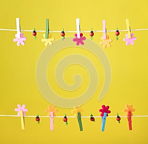 Clothespins thread spring backround. High resolution photo.