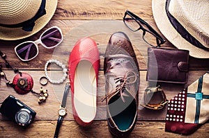 Clothing and accessories for men and women ready for travel - life style.