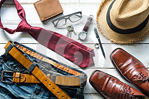 Clothing and accessories for Men on the wooden floor