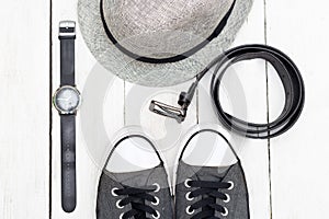 Clothing and accessories for mens . Flat lay