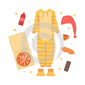 Clothing and accessories for a pajama party. A relaxed evening. Objects isolated on a white background. Vector illustration in