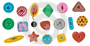 Clothing buttons. Cute colored sewing elements, needlework icons flower circle sun star moon shapes for fabric