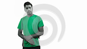 clothing design concept, Indian man in blank green t shirt, front view