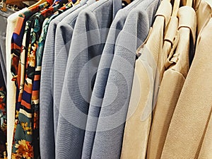 Clothing on display in a boutique store in shopping mall, fast fashion