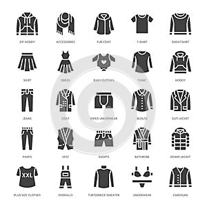 Clothing, fasion flat glyph icons. Mens, womens apparel - dress, down jacket, jeans, underwear, sweatshirt. Silhouette photo