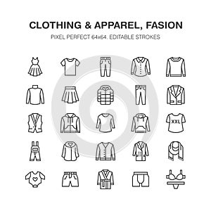 Clothing, fasion flat line icons. Men, women apparel - dress, down jacket, jeans, underwear, sweatshirt. Thin linear