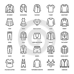 Clothing, fasion flat line icons. Mens, womens apparel -