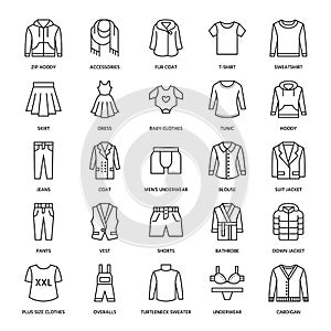 Clothing, fasion flat line icons. Mens, womens apparel - photo