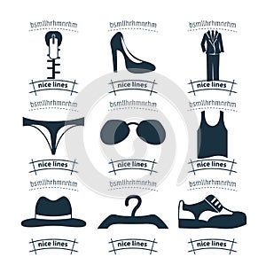 Clothing icon set with dress, shoes, fashion elements, woman heel