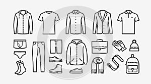 Clothing icon set in linear style. Fashion, shopping vector illustration photo