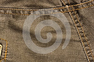 clothing items stonewashed cotton fabric texture with seams, clasps, buttons and rivets, macro