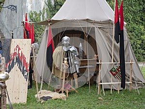 Clothing of the medieval knight. Reconstruction of historical events of the city Magdeburg, Germany. An impressive festival for